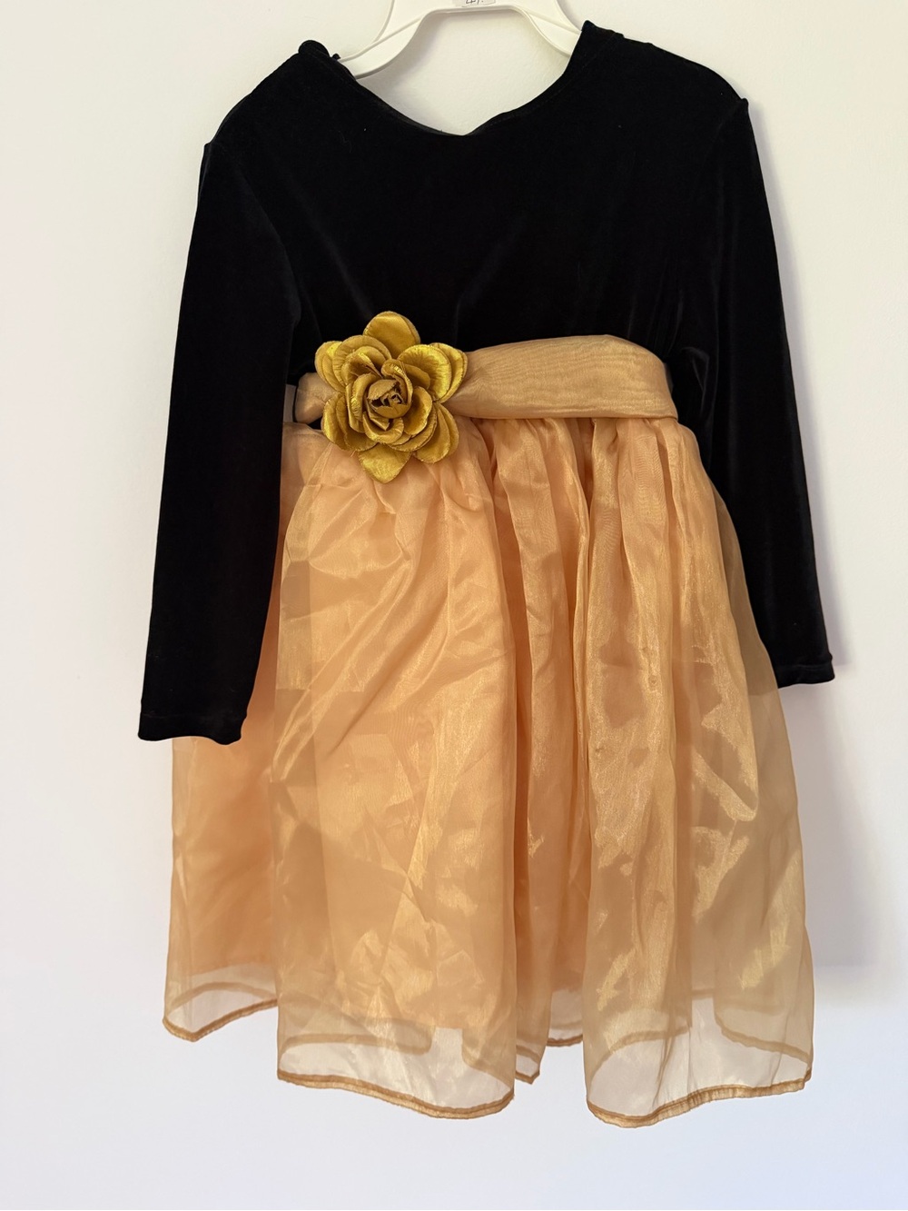 Girls Black Velvet & Gold Organza Flower elegant party Dress